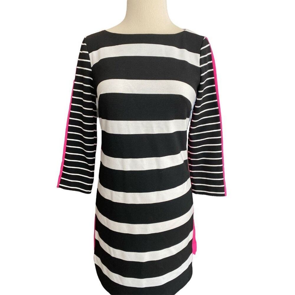 2 Eliza J Black & White Striped Bodycon Dress Pink Panel